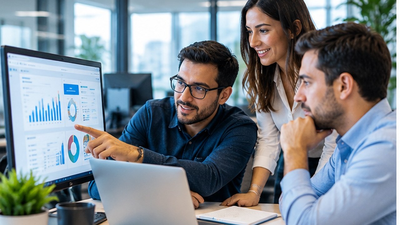 Profesionales conversando con tecnología portátil en una reunión empresarial.