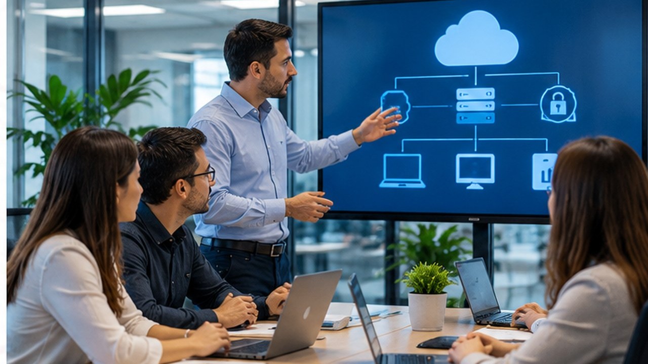 Equipo empresarial trabajando con computadores y tecnología en una oficina moderna.